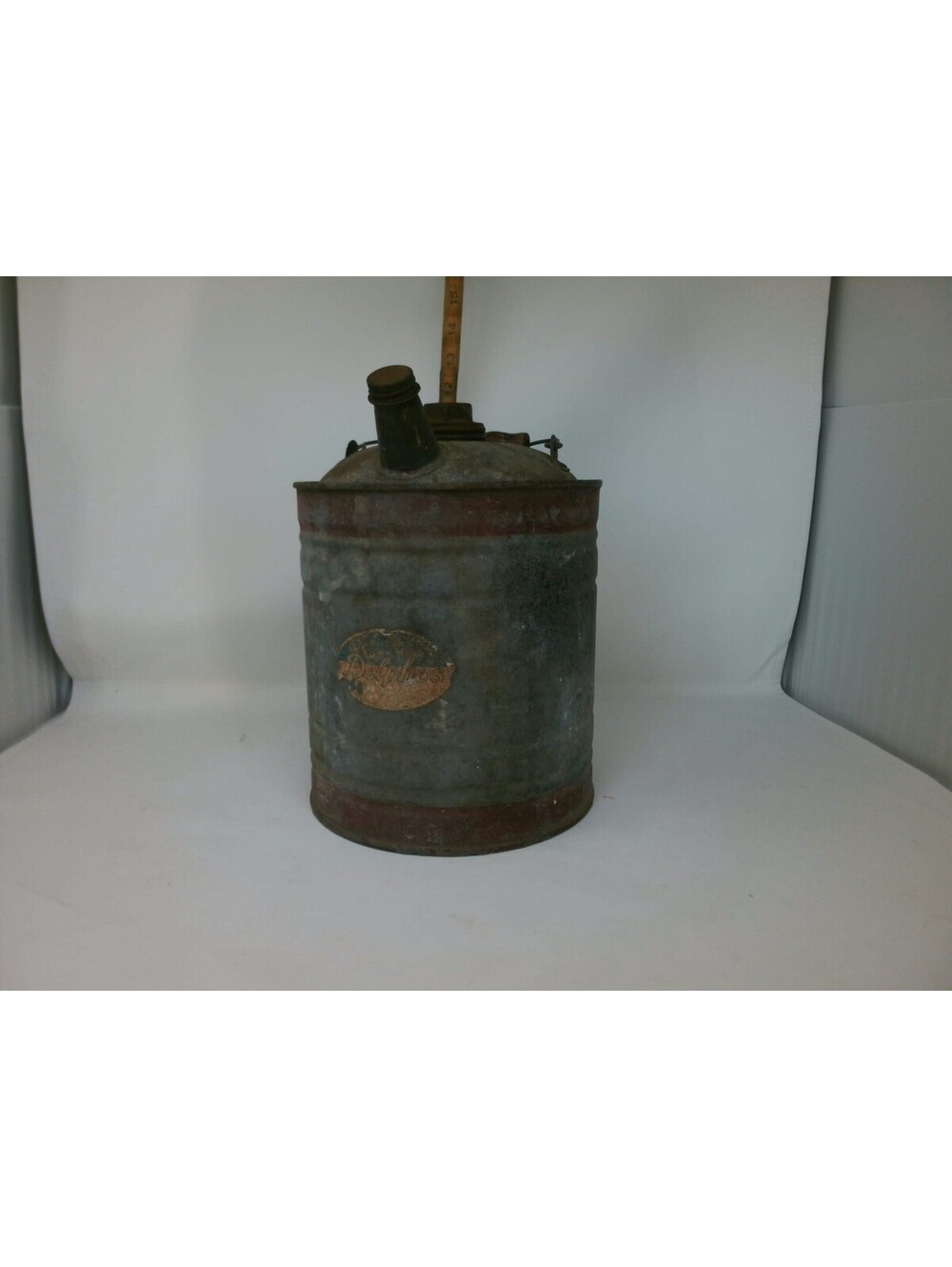 Delphos Metal Oil Can with Wooden Handle - Rustic Gray and Brown Collectible